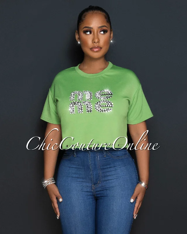 Valeria Green Front Rhinestones & Pearl Graphic Crop Shirt