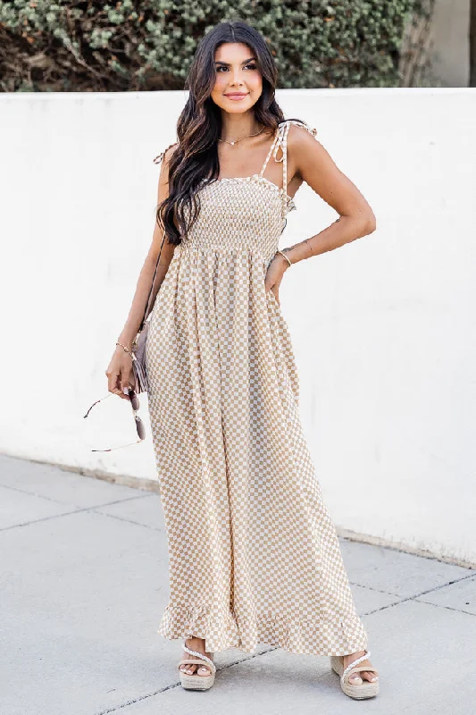 All Good Things Taupe Checkered Maxi Dress