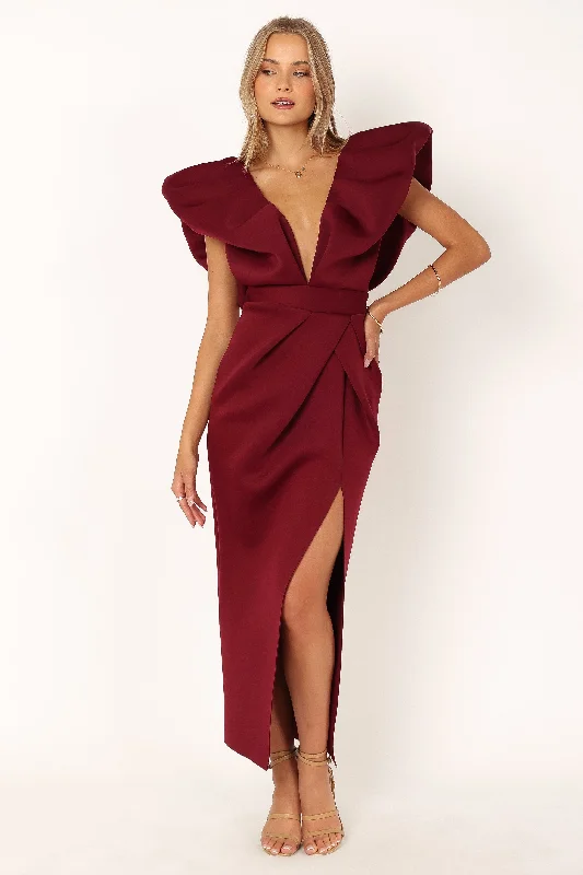 Augie Frill Shoulder Maxi Dress - Burgundy