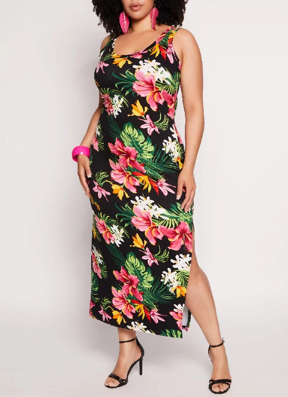 Plus Size Tropical Floral Print Maxi Tank Dress