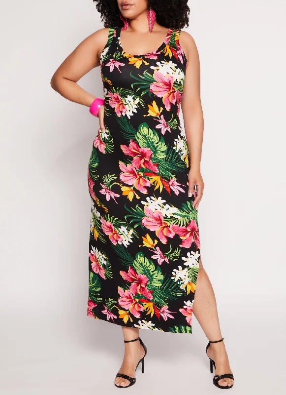 Plus Size Tropical Floral Print Maxi Tank Dress