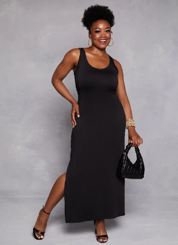 Plus Size Scoop Neck Side Slit Maxi Tank Dress