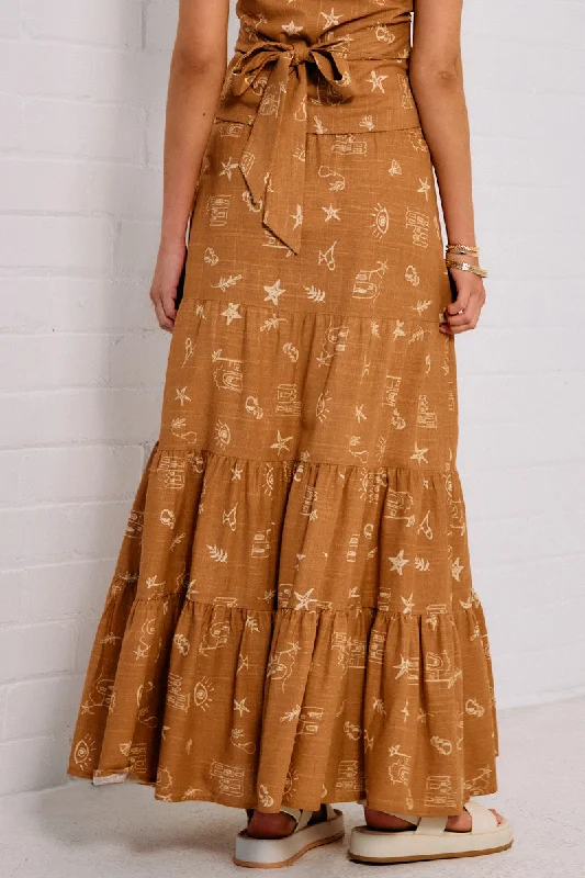 Brown Abstract Maxi Skirt Tiered