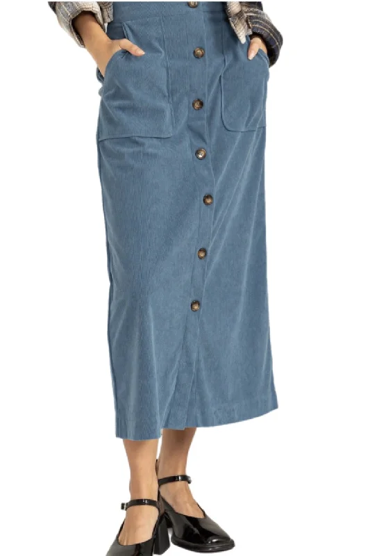 Button Corduroy Midi Skirt Style 262 in Blue