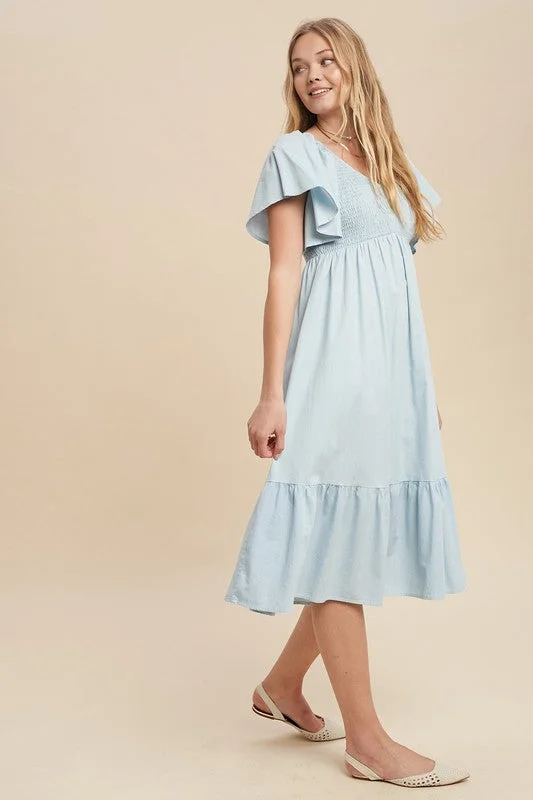 Chambray Flutter Sleeve Midi Dress 2448