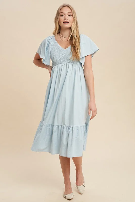 Chambray Flutter Sleeve Midi Dress 2448