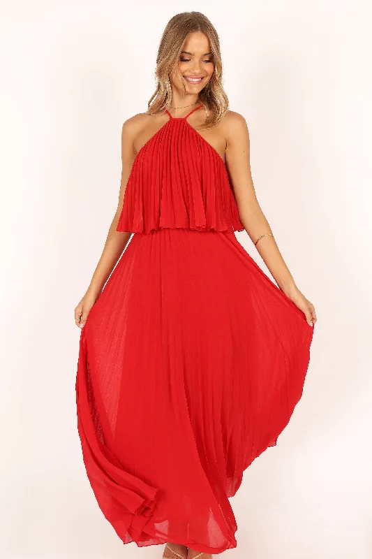 Gia Pleated Halterneck Maxi Dress - Red