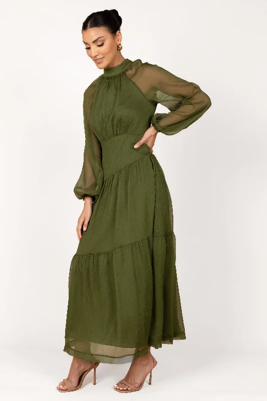 Julip Sheer Long Sleeve Maxi Dress - Olive