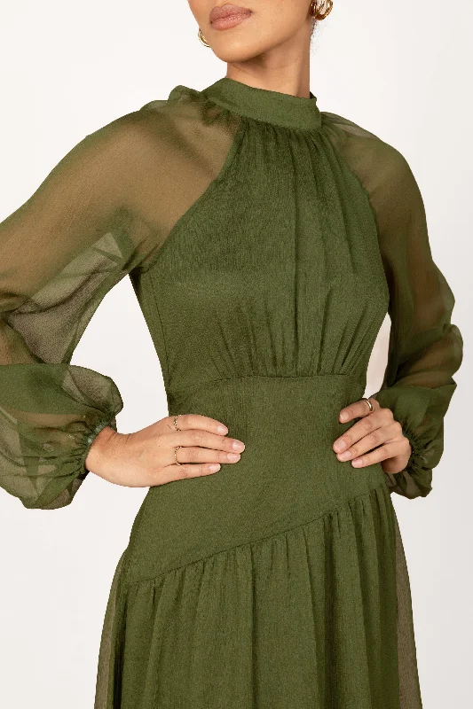 Julip Sheer Long Sleeve Maxi Dress - Olive