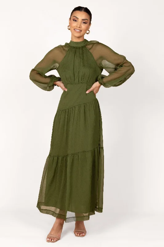 Julip Sheer Long Sleeve Maxi Dress - Olive