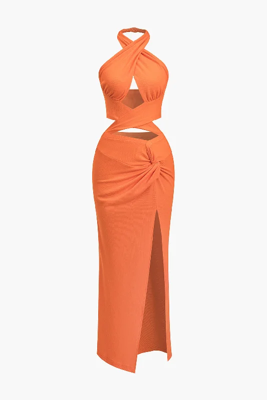 Solid Halter Slit Twist Cut Out Maxi Dress