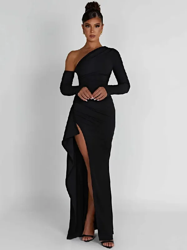 DressBetty - 2024 Mozision Oblique Shoulder Thigh High Split Long Sleeve Maxi Dress