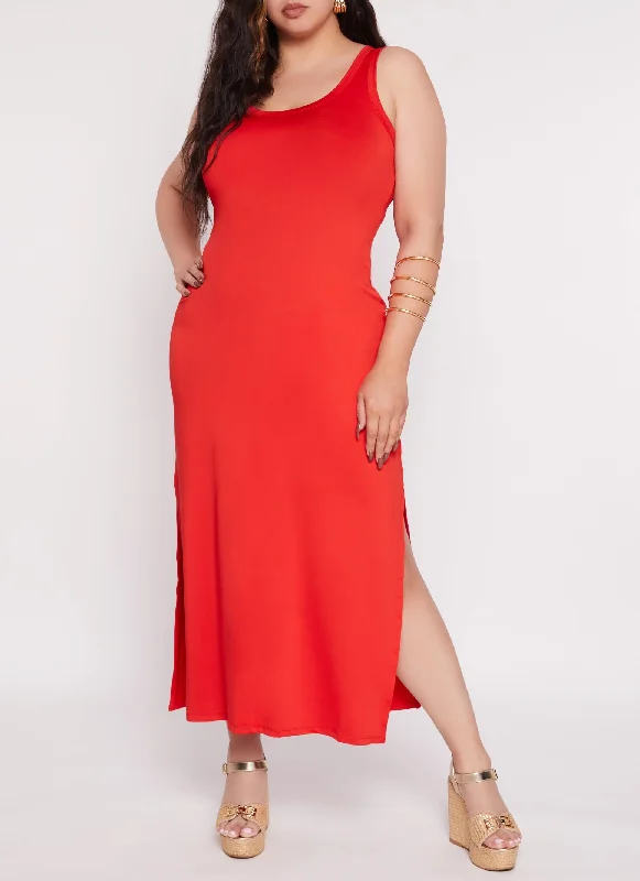 Plus Size Scoop Neck Side Slit Maxi Tank Dress