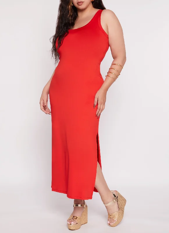 Plus Size Scoop Neck Side Slit Maxi Tank Dress