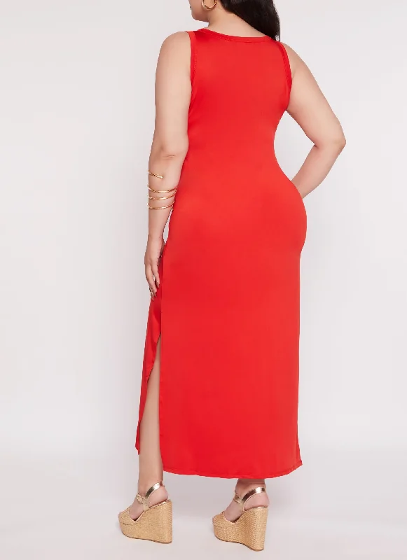 Plus Size Scoop Neck Side Slit Maxi Tank Dress